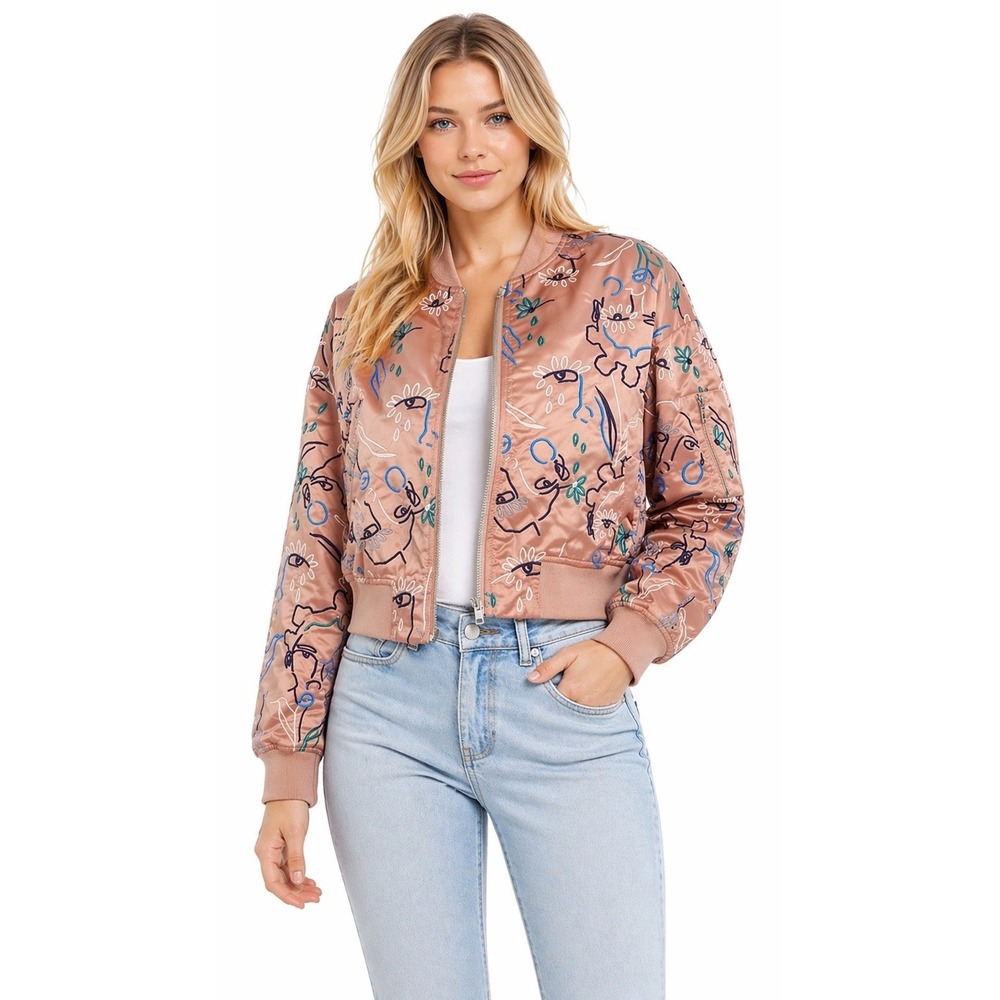 Pink Satin Embroidered Bomber Abstract  Jacket 2XS Artsy‎ Boho Cropped Jacket